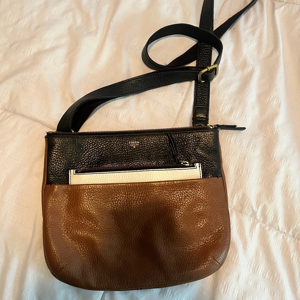Fossil Black and Brown Crossbody Bag with Pebbled Leather